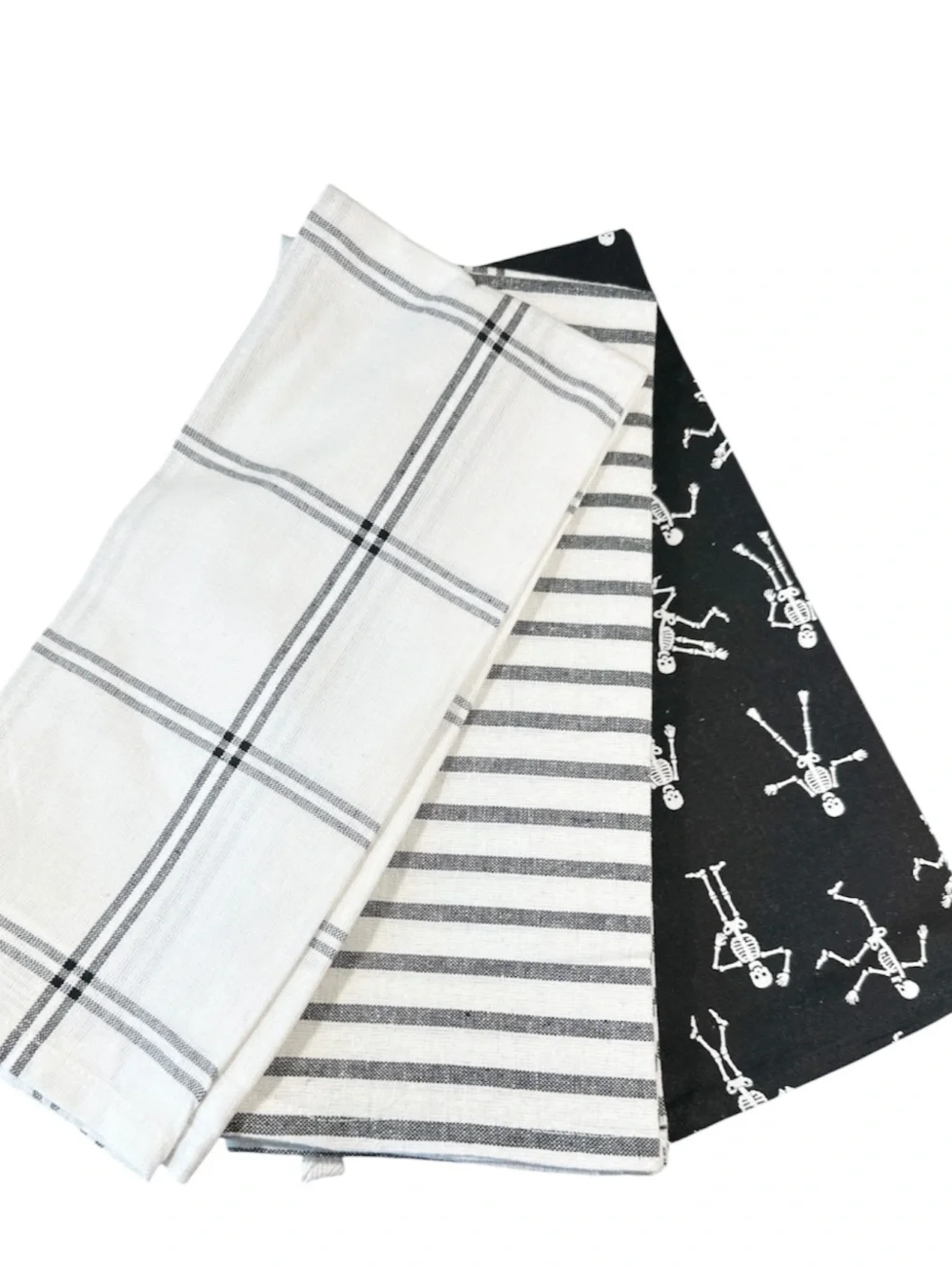 NEW Eastwick HALLOWEEN SKELETON & STRIPE Kitchen Towels - Black and White Set/3